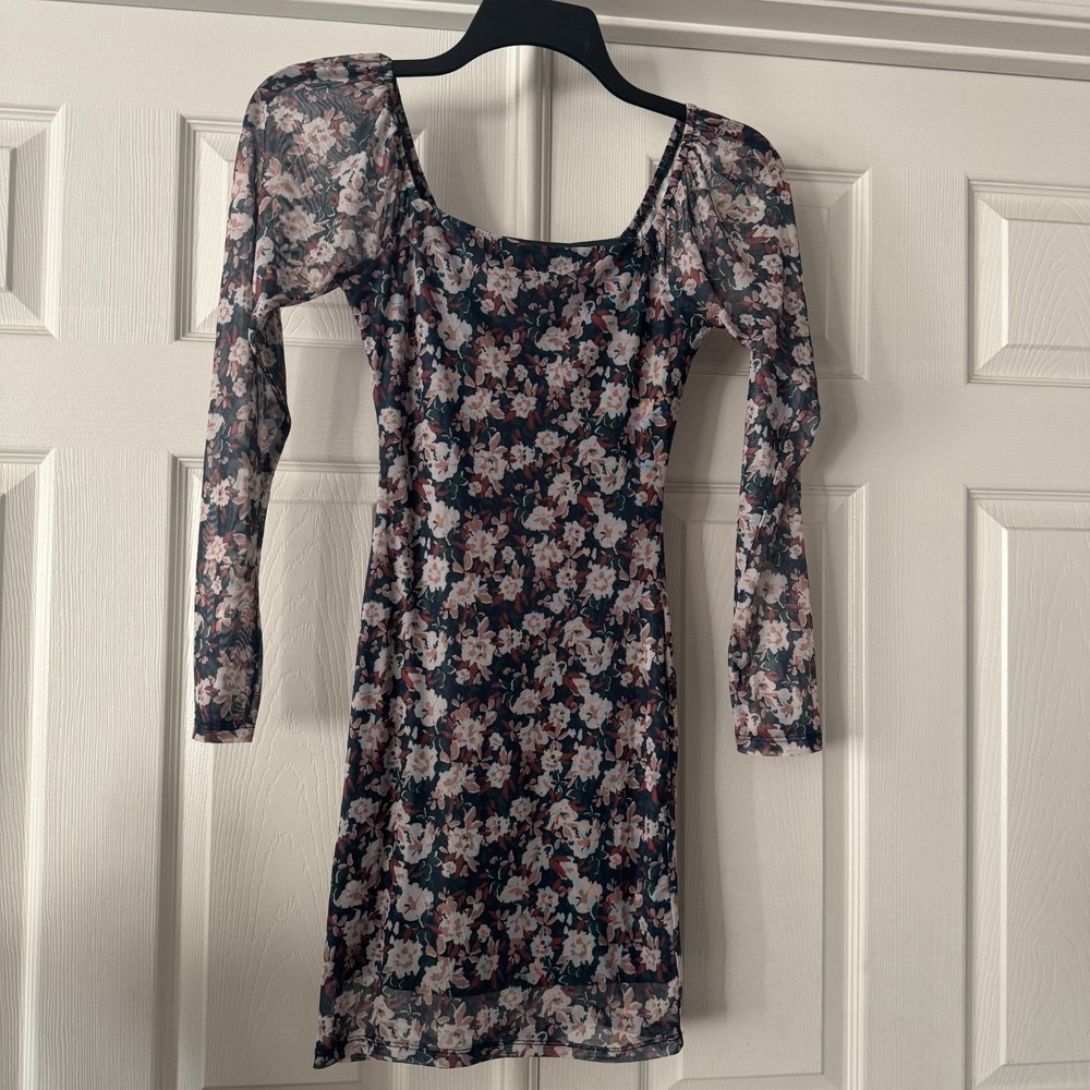 Floral Mesh Bodycon Mini Dress Jr Womens XS Square Neck Y2K Lined Green SAGE